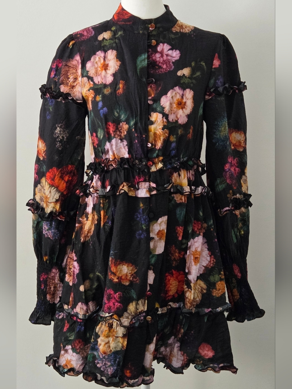 Simons Black Floral Ruffled Long-Sleeve Mini Dress